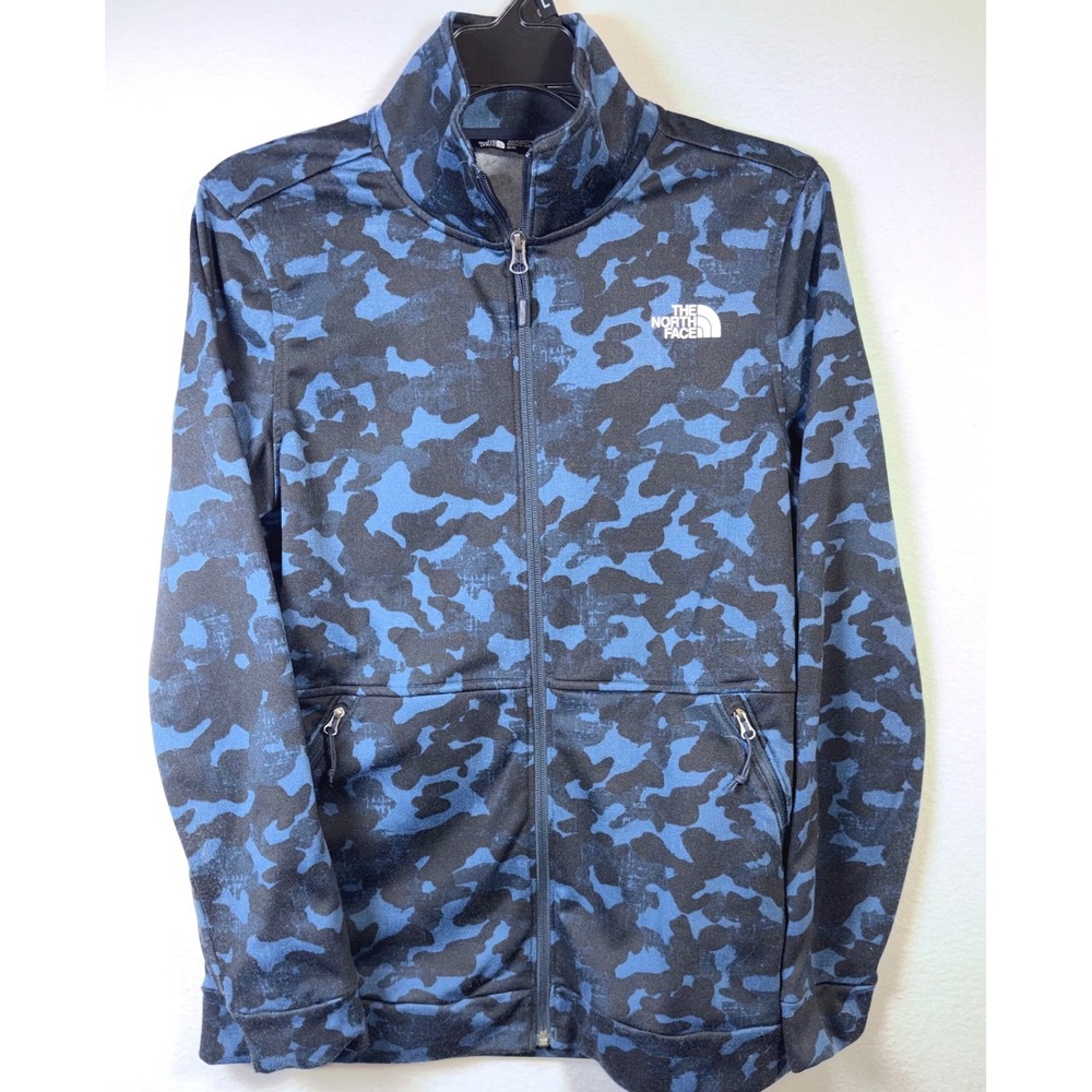 The North Face Track Jacket Womens Medium Blue Camo Excellent Full Zip Mock Neck